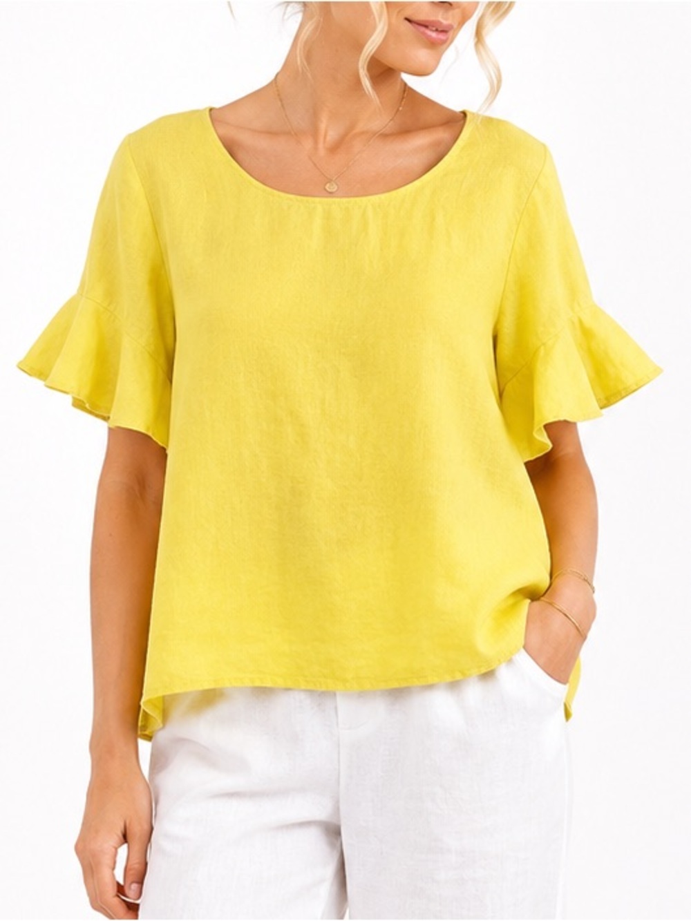For Cynthia Woman 100% Linen Yellow Ruffle Sleeve Blouse Top Plus Size 1X